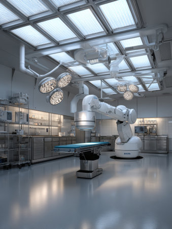 Robotic surgery tools await in a sterile, high-tech operating room, showcasing advanced medical technology.の素材