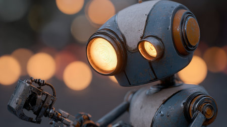 A detailed robot figure holds a small device, softly lit against a glowing background.の素材