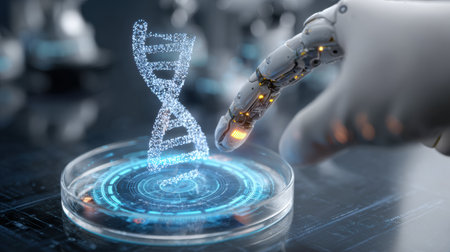 A robotic hand interacts with a glowing DNA strand in a lab, showing advancements in biotech and science.の素材