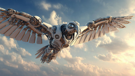 A detailed mechanical bird glides gracefully against a vibrant sunset sky, showcasing innovation and design.の素材