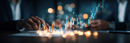 Two people analyze financial charts in a modern office, illuminated by soft light after sunset.の素材