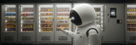 A robot examines a snack while standing in front of a high-tech vending machine displaying various food options.の素材