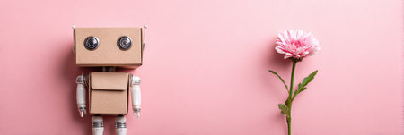 A cute cardboard robot stands by a pink flower against a soft pastel backdrop, blending creativity and nature.の素材