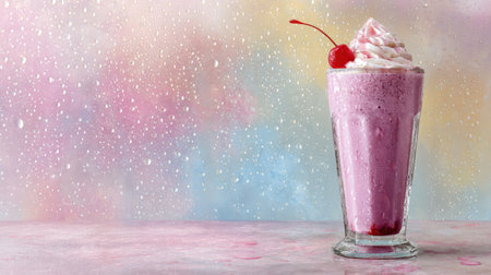 A tall glass holds a pink milkshake topped with whipped cream and a red cherry. Background is an abstract color blend.の素材