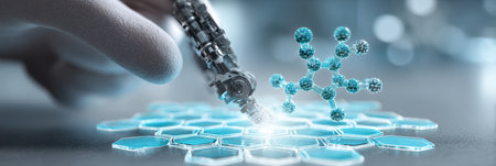 A robotic hand carefully interacts with molecular structures in a high-tech laboratory filled with blue lighting.の素材