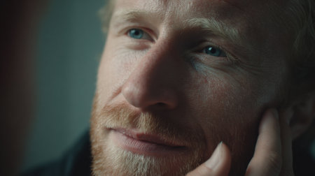 A man gazes thoughtfully while lightly touching his face, presenting an intimate moment and calm atmosphere.の素材