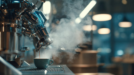 A barista brews coffee as steam rises in a modern, cozy cafe filled with stylish equipment.の素材