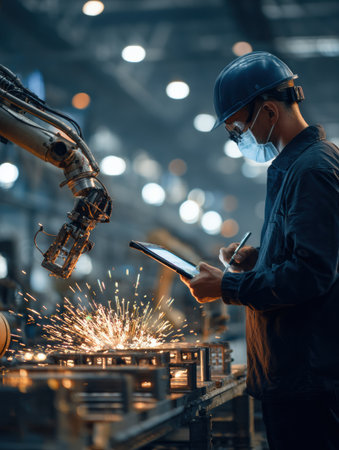 Engineer monitors robotic operations in a factory, ensuring quality as sparks fly during metalworking at night.の素材