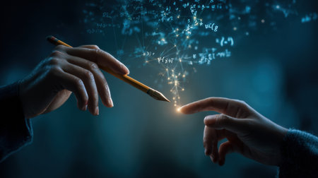 Two hands connect, symbolizing creativity and knowledge through light and unity.の素材