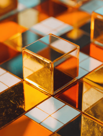 Warm-toned reflective cubes rest on a colorful surface, creating an engaging display of light and shadow.の素材