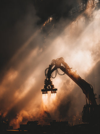 A robotic arm dazzles with light and smoke in a stunning performance blending technology and art.の素材