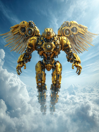 A large robotic figure with wings soars through fluffy clouds in a bright sky, merging technology and fantasy.の素材