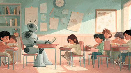 Kids engage in learning as a robot teacher guides them in a bright, cheerful classroom setting.の素材