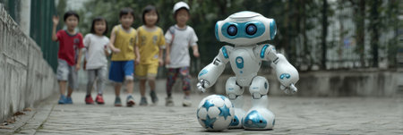 A small robot with a soccer ball interacts with children in a park, creating a playful atmosphere.の素材