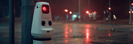 Bright red traffic signal glows in the rain, reflecting city lights while rain falls on the deserted street at night.の素材