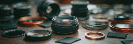 Close-up of camera lens parts and accessories on a wooden table, showcasing a photography setup.の素材