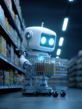 A friendly robot navigates the grocery store at night, pushing a cart of colorful items among the shelves.の素材