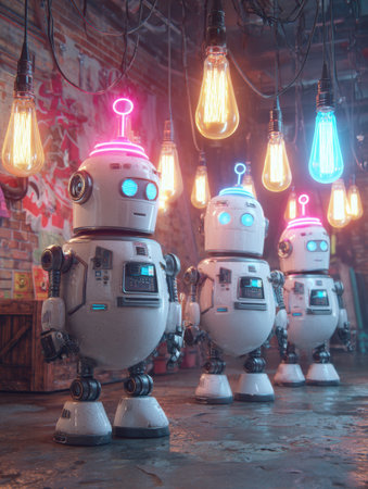 Three fun robots stand in a workshop with glowing lights above, highlighting a blend of technology and creativity.の素材