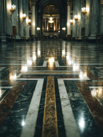 A stunning view of intricate marble flooring in a spacious hall with gentle lighting creating a serene atmosphere.の素材