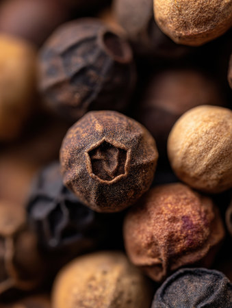 Diverse peppercorn varieties display intricate textures and earthy tones, highlighting their natural shapes and colors.の素材