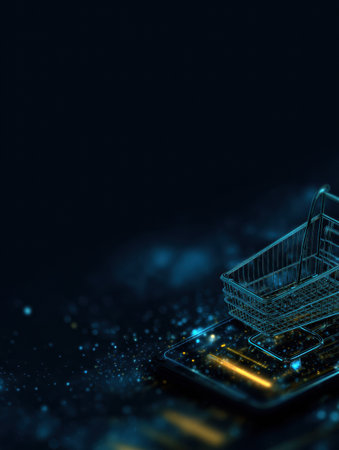 A shopping cart sits on a glowing device surface, symbolizing the convenience of digital shopping and online retail.の素材