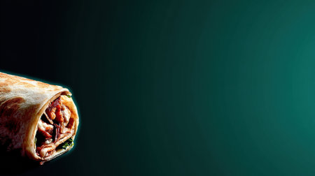 A tasty burrito rolls on a clean surface, showing its delicious filling and crispy wrap in a vibrant setting.の素材