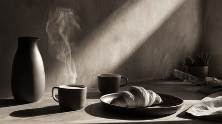 Warm light highlights a croissant and coffee cups on a rustic table, creating a cozy breakfast scene with steam rising.の素材