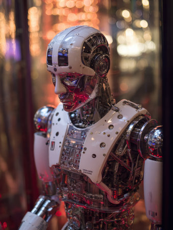 Humanoid robot in a bright space showcases its complex metal parts and sleek modern design.の素材