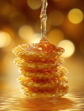 A stack of waffles sits glistening with honey while warm tones create a cozy atmosphere around them.の素材