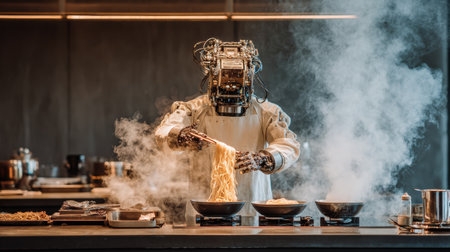 A robot wearing a chef uniform cooks noodles with chopsticks on a stove. Steam fills the air in a modern kitchen.の素材