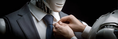 A robot in a suit gets its tie adjusted by another robot, creating a futuristic, sophisticated scene.の素材