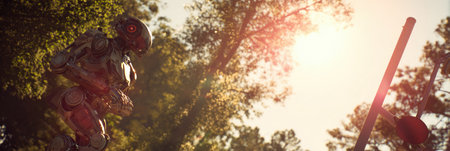 A robot stands in a lush area, admiring the sunset behind tall trees, creating a serene atmosphere.の素材