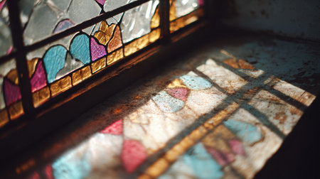 Colorful stained glass casts beautiful shadows, creating a serene, light-filled atmosphere on a worn surface.の素材