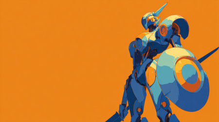 A confident robot character stands out against a bright orange backdrop with unique, vibrant artistic design.の素材