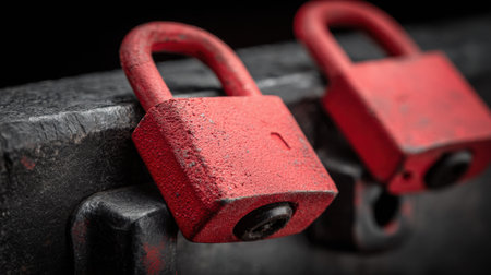 Two red padlocks are placed on a rough surface, showing vibrant colors and textures against a dark background.の素材