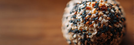 A round snack covered in a variety of seeds resting on a wooden table, highlighting its texture and color contrast.の素材