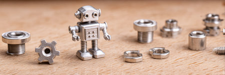 A small metal robot figure is surrounded by different metal parts on a wooden workbench under natural light.の素材