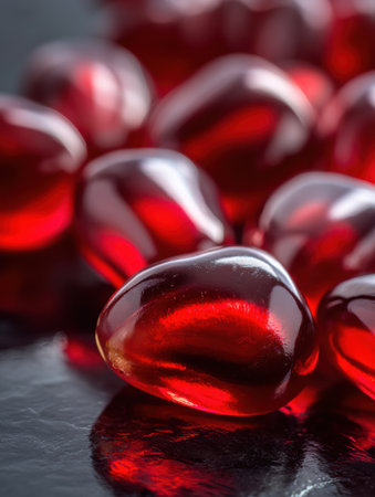 A collection of pomegranate seeds is shown in detail, revealing their translucent quality and richness, red hue.の素材