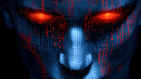 A digital face with glowing red eyes surrounded by swirling binary code, representing tech and AI.の素材