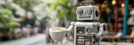 A vintage robot holds a steaming coffee cup in a vibrant outdoor setting filled with greenery and colors.の素材