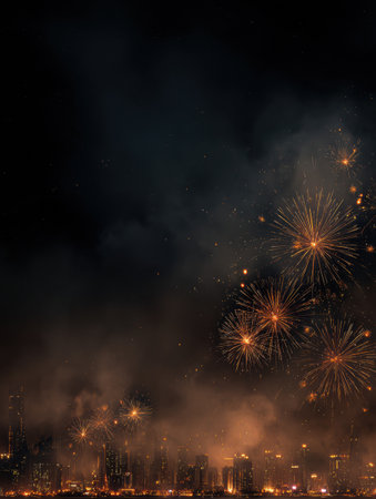 Fireworks light up the skyline, filling the night with vibrant colors and a magical atmosphere.の素材