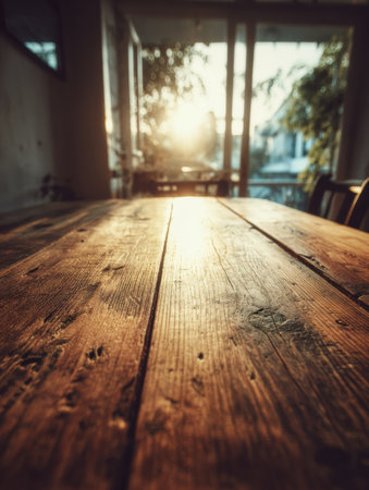 Sunlight beams through a window, casting warm tones on a wooden table in a serene indoor space filled with greenery.の素材