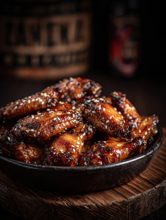 Succulent chicken wings with a rich glaze, garnished with sesame seeds, served on a wooden platter in a cozy setting.の素材