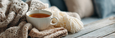 A cozy cup of tea rests on a wooden table beside blankets and yarn, creating a warm, inviting atmosphere.の素材