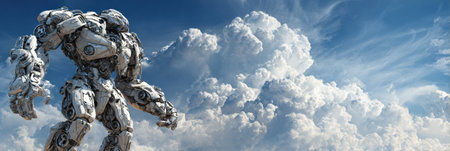A towering robot explores an open landscape, surrounded by bright, puffy clouds on a clear sunny day.の素材