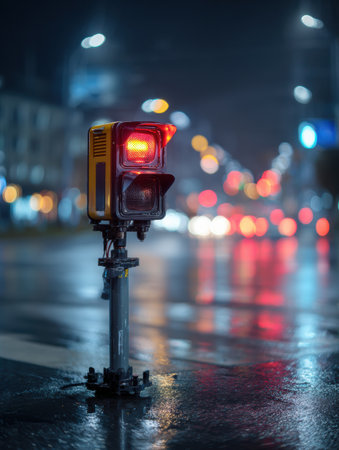 A red traffic light stands out on a wet street, illuminated by city lights and reflections from raindrops at night.の素材