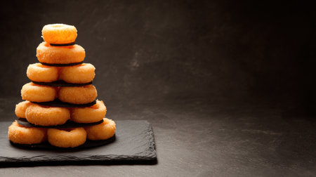 Mini donuts are stacked into a pyramid shape on a slate plate. Donuts look golden brown and are arranged neatly.の素材