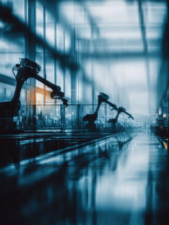 Robot arms are positioned in a futuristic manufacturing space, capturing a serene moment with soft ambient light.の素材