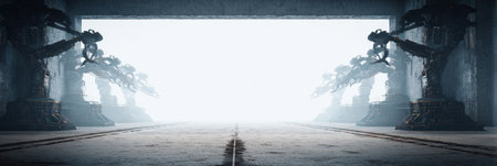 A corridor showcases industrial robots positioned on both sides, leading to a bright, misty space ahead.の素材