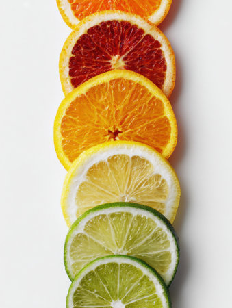 Sliced citrus fruits lined up, showing their vibrant colors and tempting textures.の素材